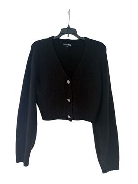 Fashion Nova Black Cropped V-Neck Crystal Button Cardigan Sweater